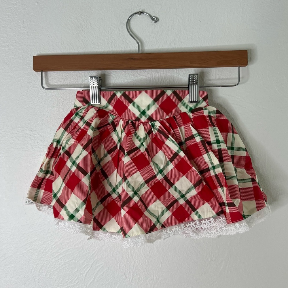 Girl August Plaid Twirl Skirt Red Green Ivory Lace Trim Ruffled Back Bow Size 3